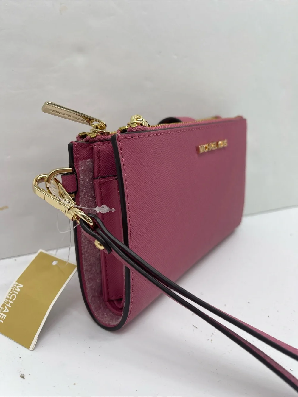 MICHAEL KORS JST Lg Double Zip Leather Wristlet Wallet Phone Holder Rosewood NWT
